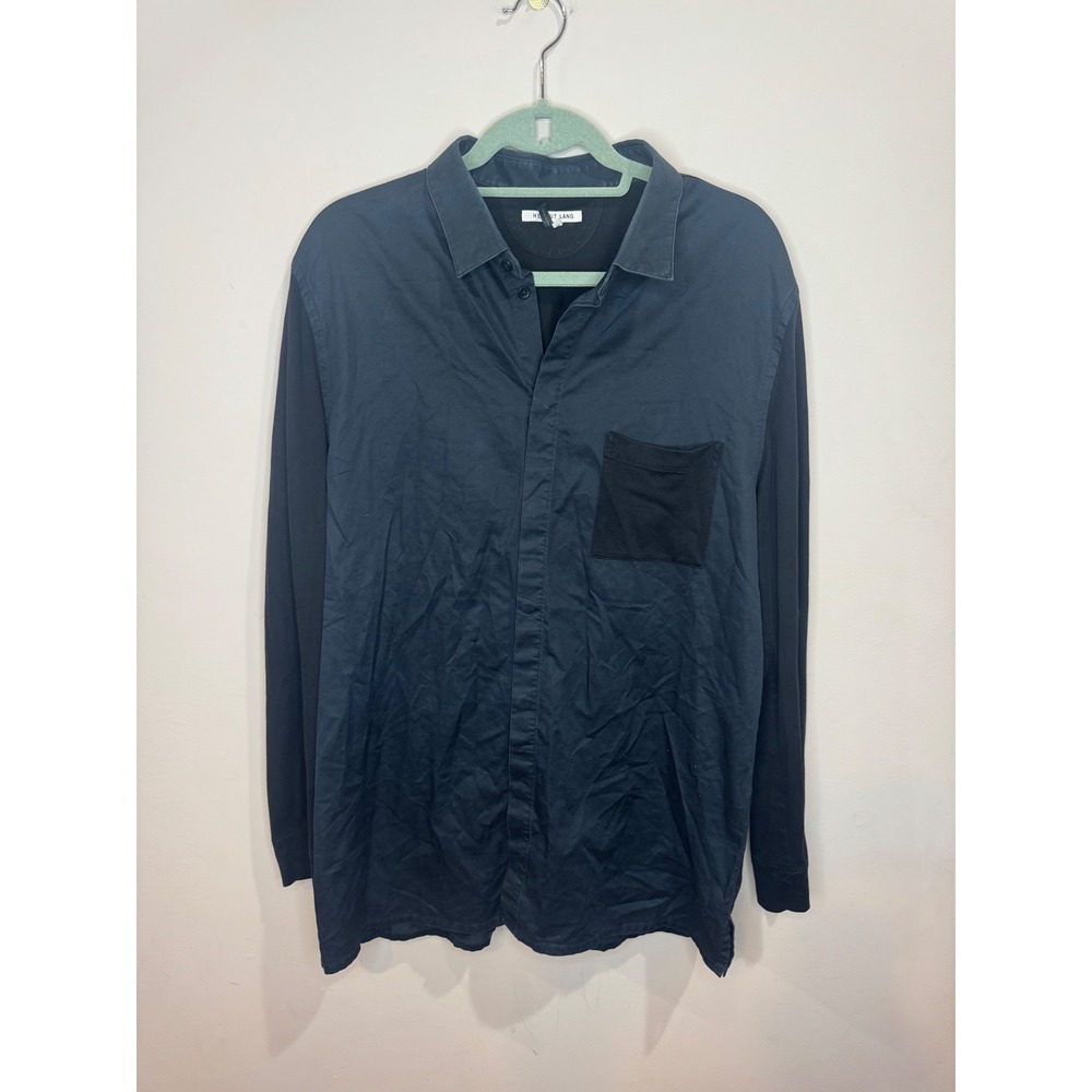 Helmut Lang Black Mixed Material Contrast Button Shirt sz XL FLAW 100% Cotton